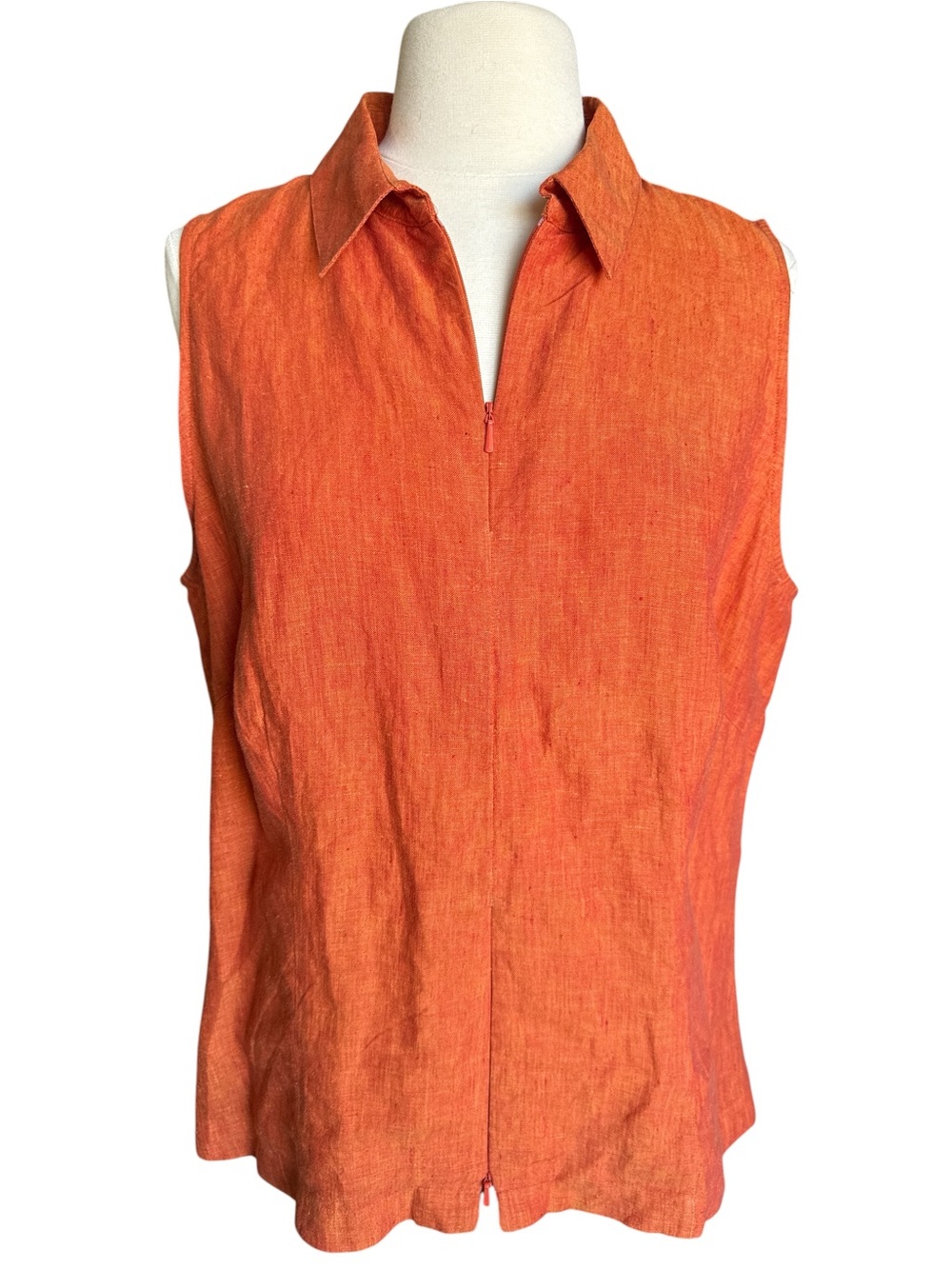 Sleeveless Orange Collared Zip-Front Shirt Linen